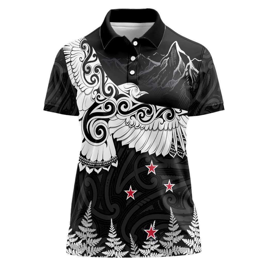 New Zealand Kea Bird Women Polo Shirt Maori Tattoo and Silver Fern Black Color