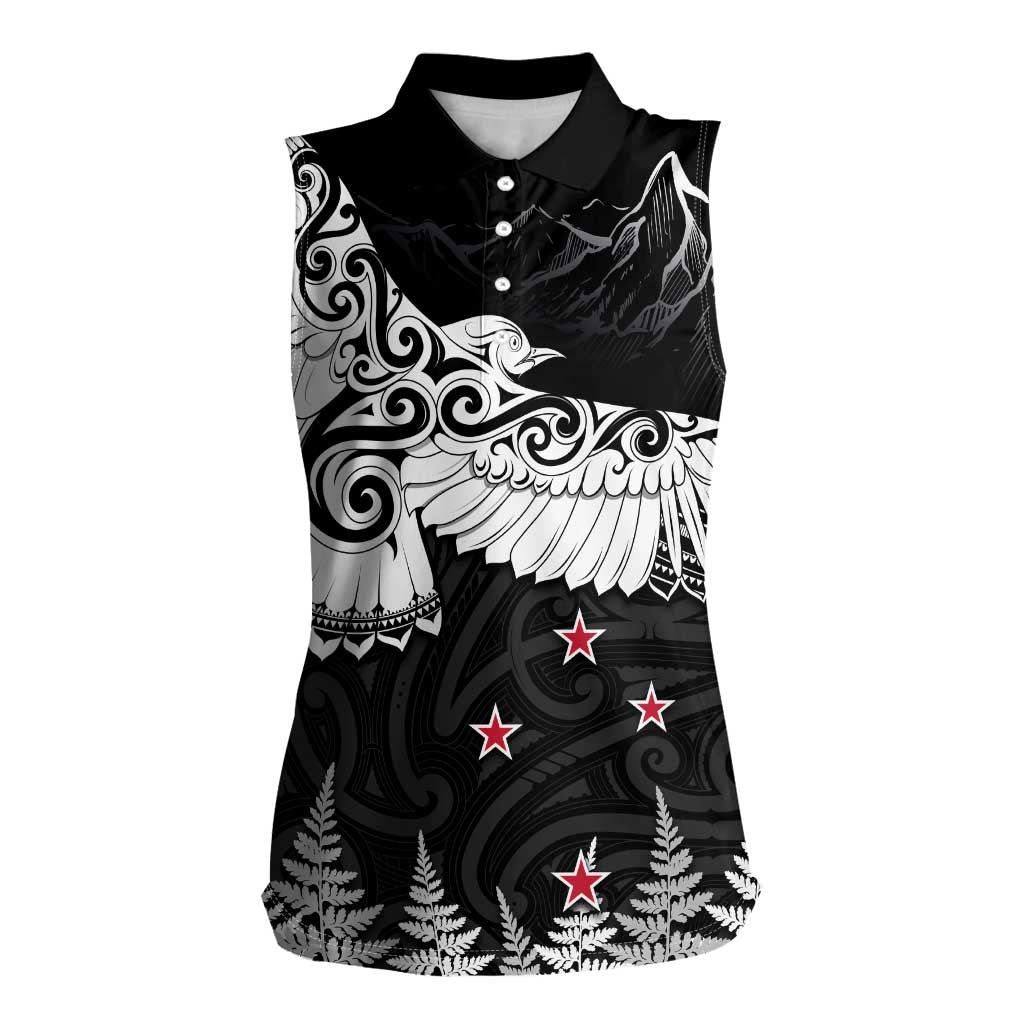 New Zealand Kea Bird Women Sleeveless Polo Shirt Maori Tattoo and Silver Fern Black Color