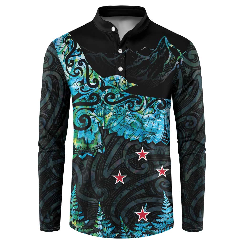 New Zealand Kea Bird Button Sweatshirt Maori Tattoo and Silver Fern Paua Shell Style LT03 Black - Polynesian Pride