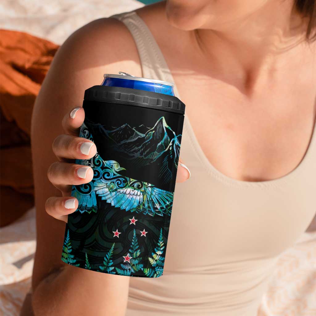 New Zealand Kea Bird 4 in 1 Can Cooler Tumbler Maori Tattoo and Silver Fern Paua Shell Style