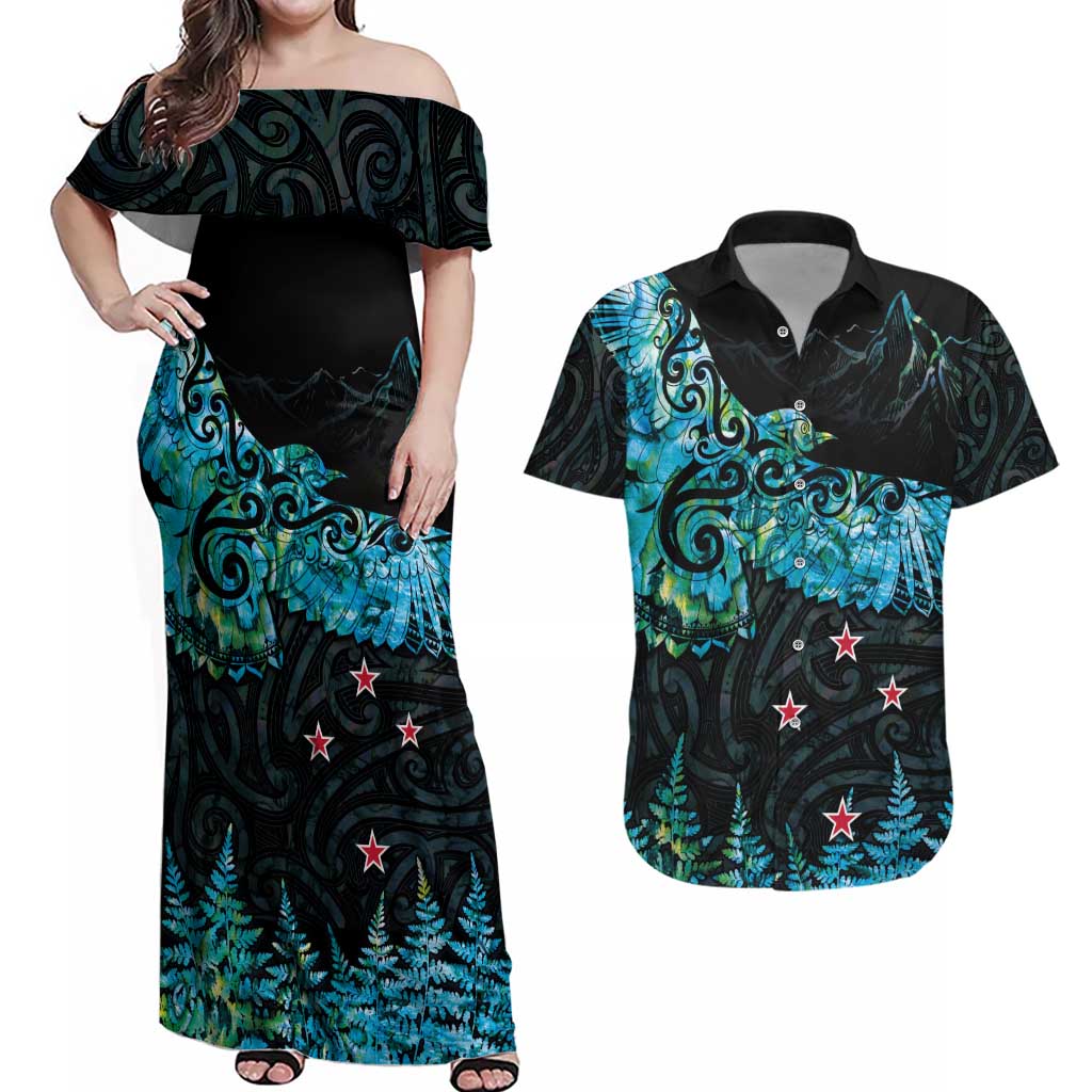 New Zealand Kea Bird Couples Matching Off Shoulder Maxi Dress and Hawaiian Shirt Maori Tattoo and Silver Fern Paua Shell Style