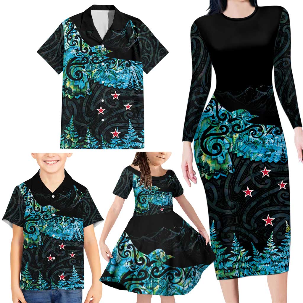 New Zealand Kea Bird Family Matching Long Sleeve Bodycon Dress and Hawaiian Shirt Maori Tattoo and Silver Fern Paua Shell Style