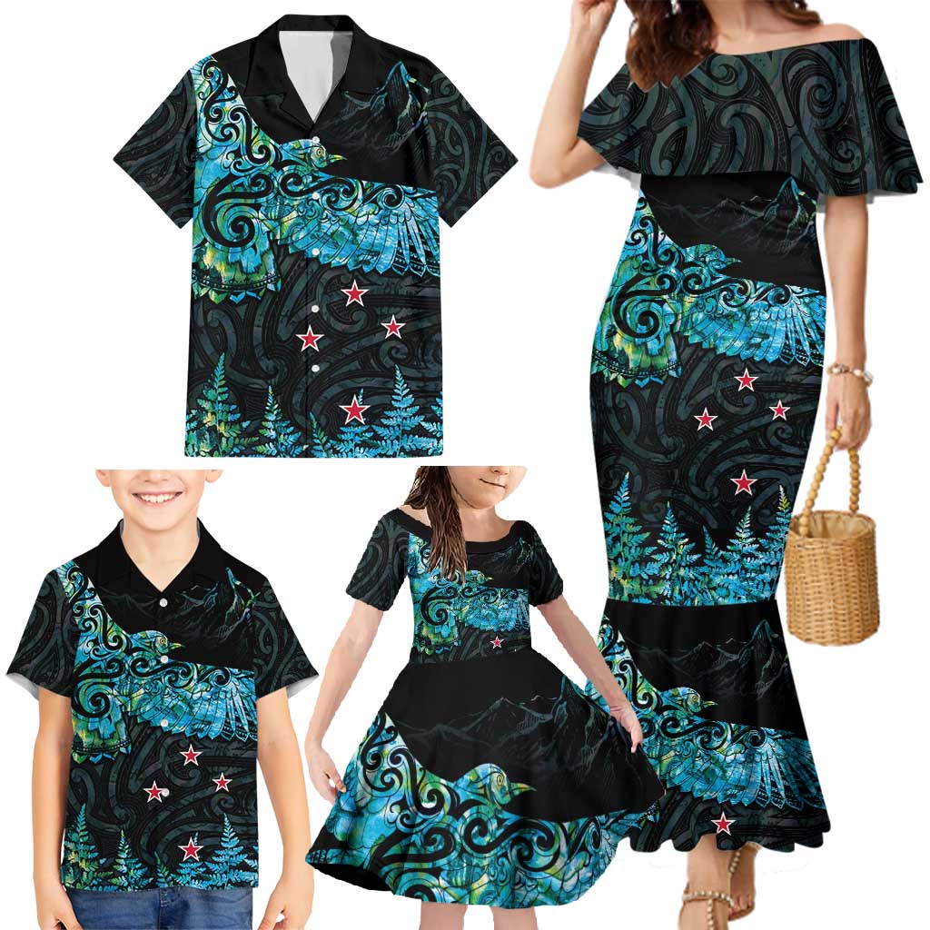 New Zealand Kea Bird Family Matching Mermaid Dress and Hawaiian Shirt Maori Tattoo and Silver Fern Paua Shell Style