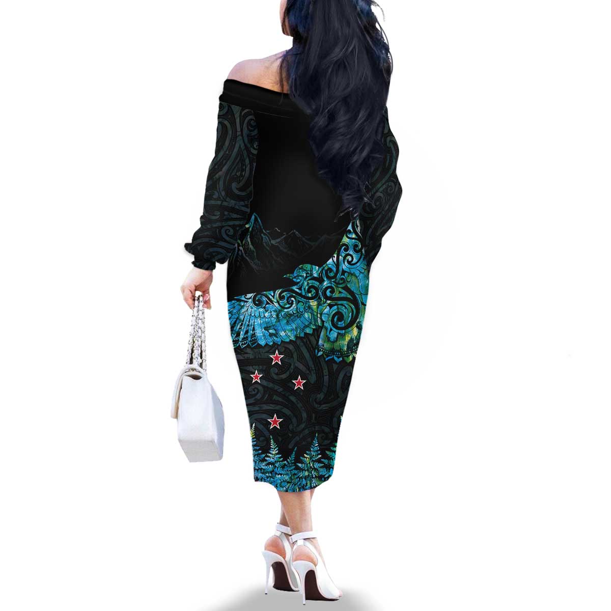 New Zealand Kea Bird Family Matching Off The Shoulder Long Sleeve Dress and Hawaiian Shirt Maori Tattoo and Silver Fern Paua Shell Style