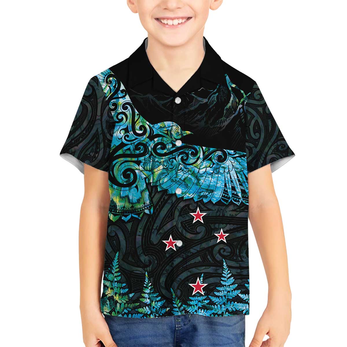 New Zealand Kea Bird Family Matching Off Shoulder Short Dress and Hawaiian Shirt Maori Tattoo and Silver Fern Paua Shell Style