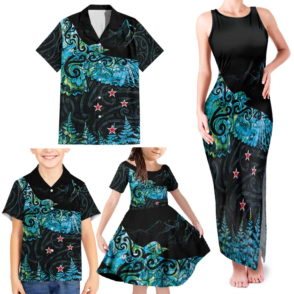 New Zealand Kea Bird Family Matching Tank Maxi Dress and Hawaiian Shirt Maori Tattoo and Silver Fern Paua Shell Style