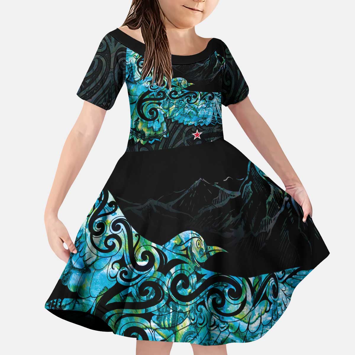 New Zealand Kea Bird Kid Short Sleeve Dress Maori Tattoo and Silver Fern Paua Shell Style