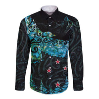 New Zealand Kea Bird Long Sleeve Button Shirt Maori Tattoo and Silver Fern Paua Shell Style
