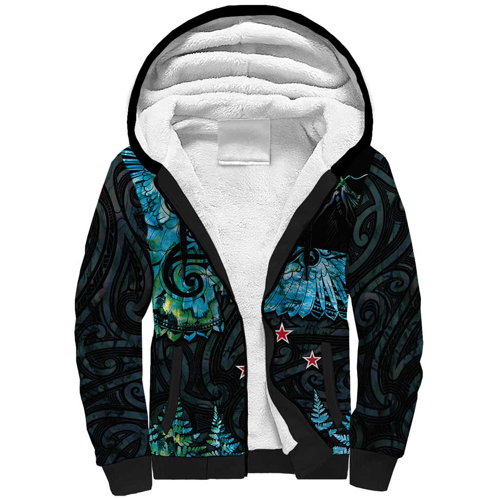 New Zealand Kea Bird Sherpa Hoodie Maori Tattoo and Silver Fern Paua Shell Style