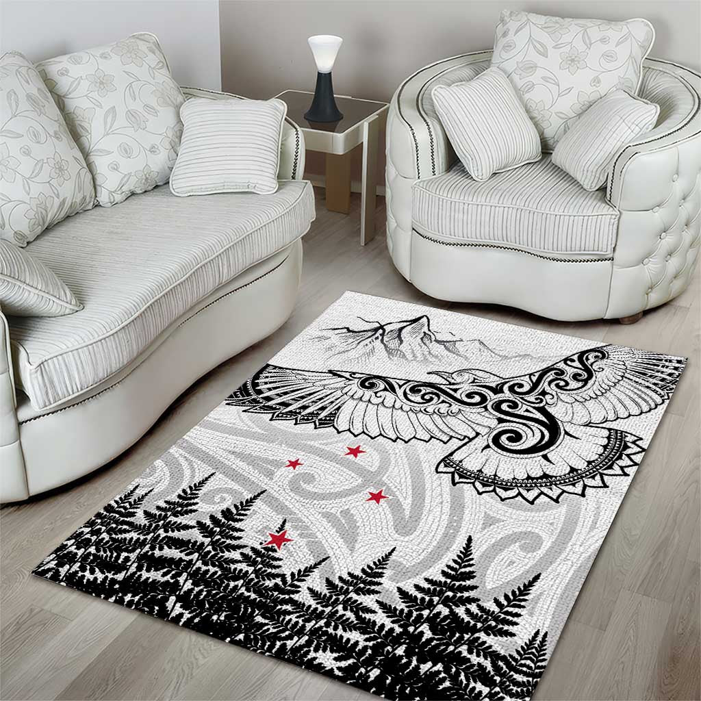 New Zealand Kea Bird Area Rug Maori Tattoo and Silver Fern White Color
