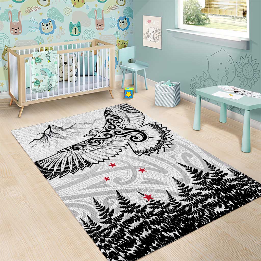 New Zealand Kea Bird Area Rug Maori Tattoo and Silver Fern White Color