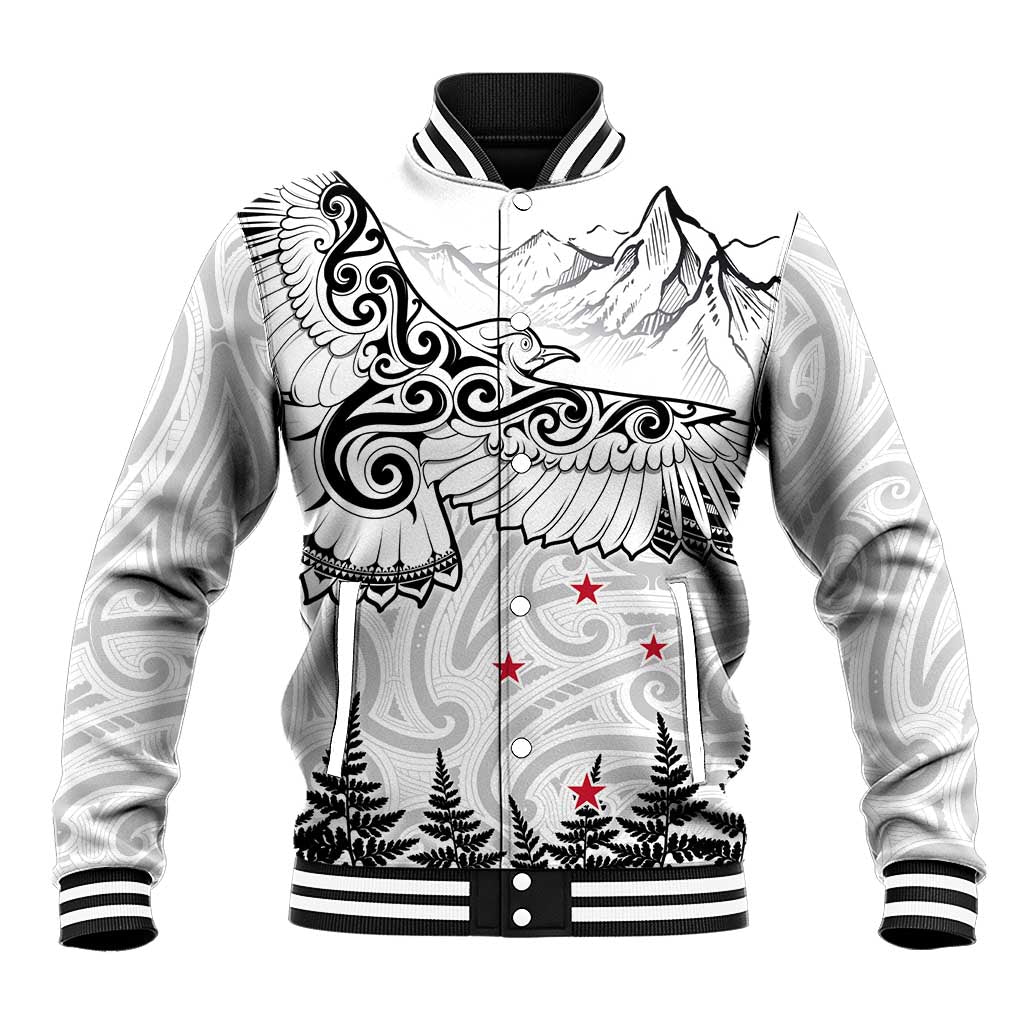 New Zealand Kea Bird Baseball Jacket Maori Tattoo and Silver Fern White Color