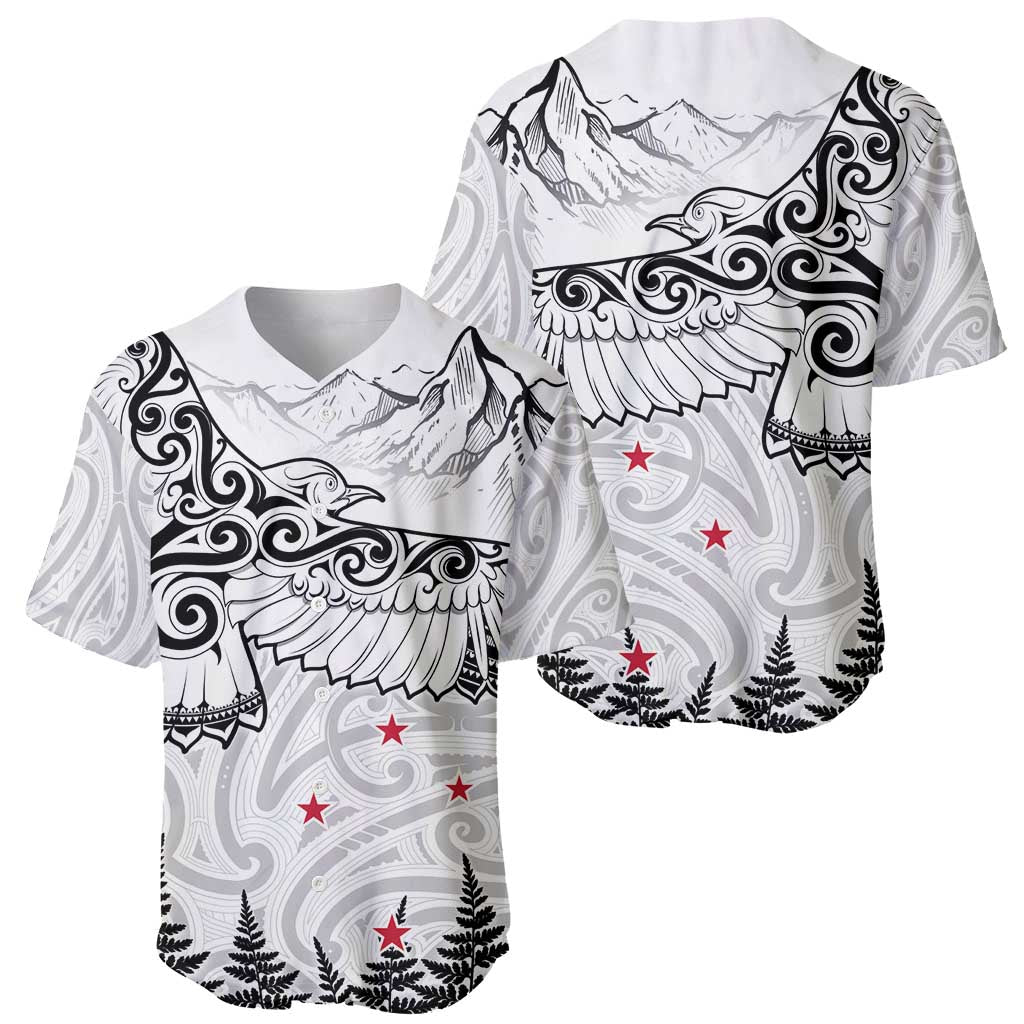 New Zealand Kea Bird Baseball Jersey Maori Tattoo and Silver Fern White Color