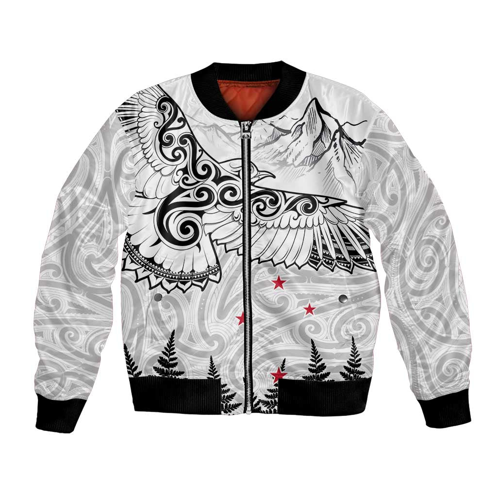 New Zealand Kea Bird Bomber Jacket Maori Tattoo and Silver Fern White Color