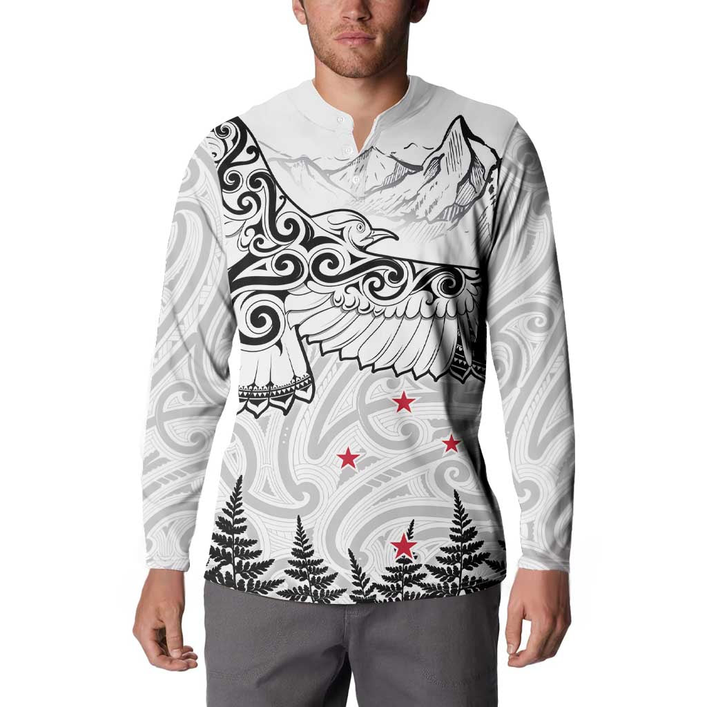 New Zealand Kea Bird Button Sweatshirt Maori Tattoo and Silver Fern White Color LT03 - Polynesian Pride