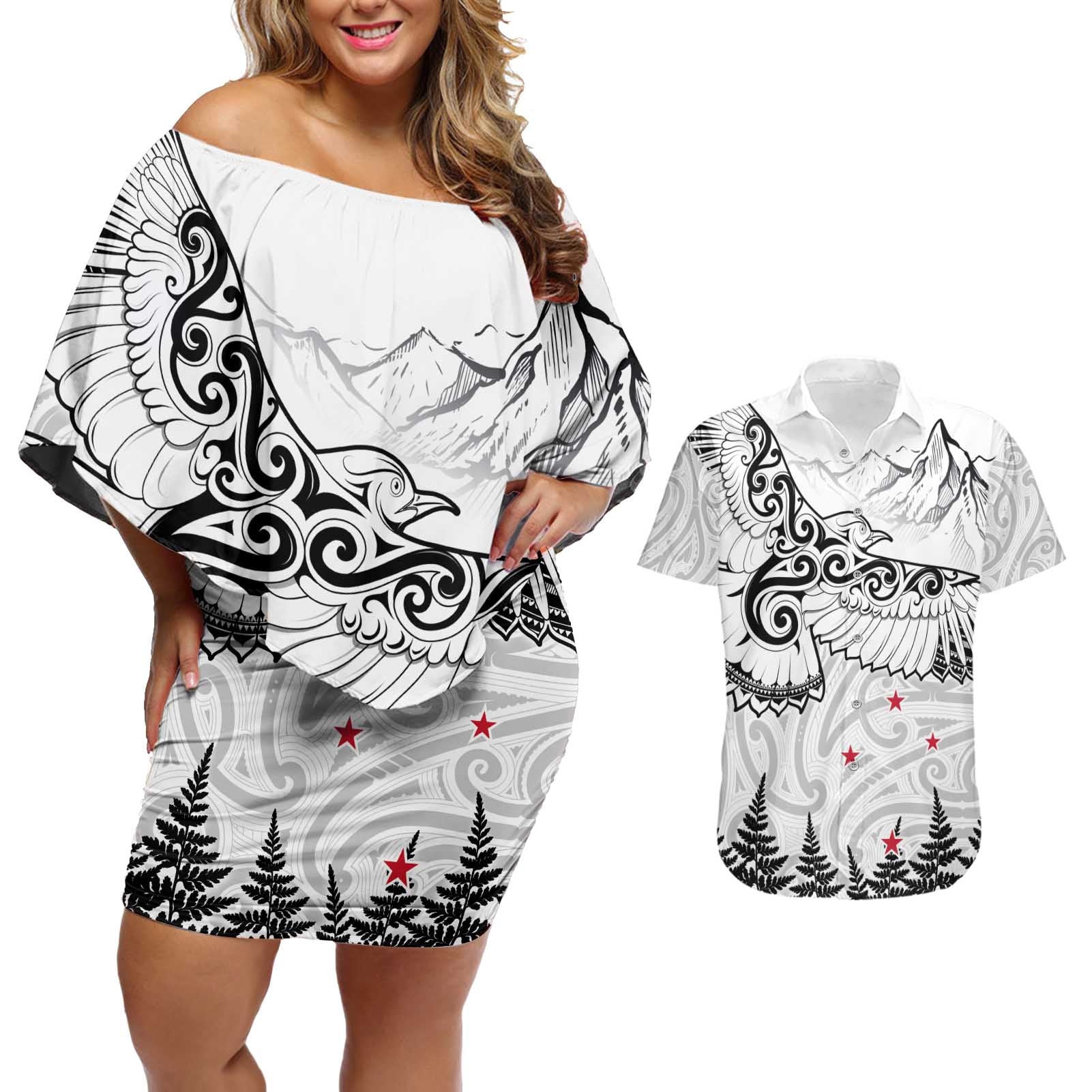 New Zealand Kea Bird Couples Matching Off Shoulder Short Dress and Hawaiian Shirt Maori Tattoo and Silver Fern White Color