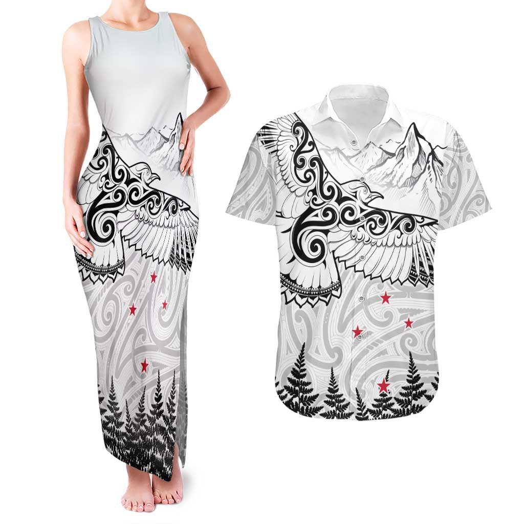 New Zealand Kea Bird Couples Matching Tank Maxi Dress and Hawaiian Shirt Maori Tattoo and Silver Fern White Color