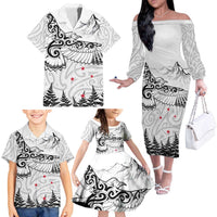 New Zealand Kea Bird Family Matching Off The Shoulder Long Sleeve Dress and Hawaiian Shirt Maori Tattoo and Silver Fern White Color
