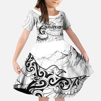 New Zealand Kea Bird Family Matching Short Sleeve Bodycon Dress and Hawaiian Shirt Maori Tattoo and Silver Fern White Color
