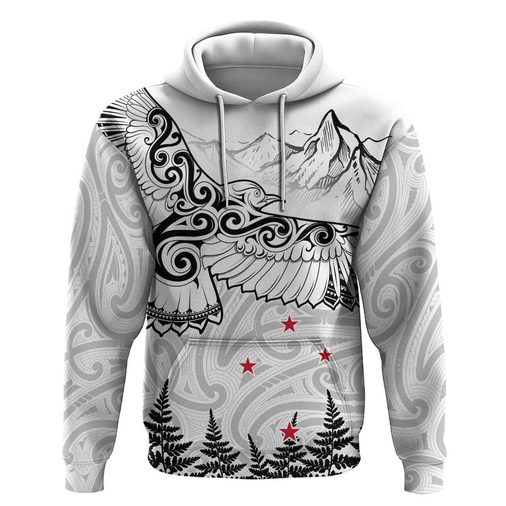 New Zealand Kea Bird Hoodie Maori Tattoo and Silver Fern White Color