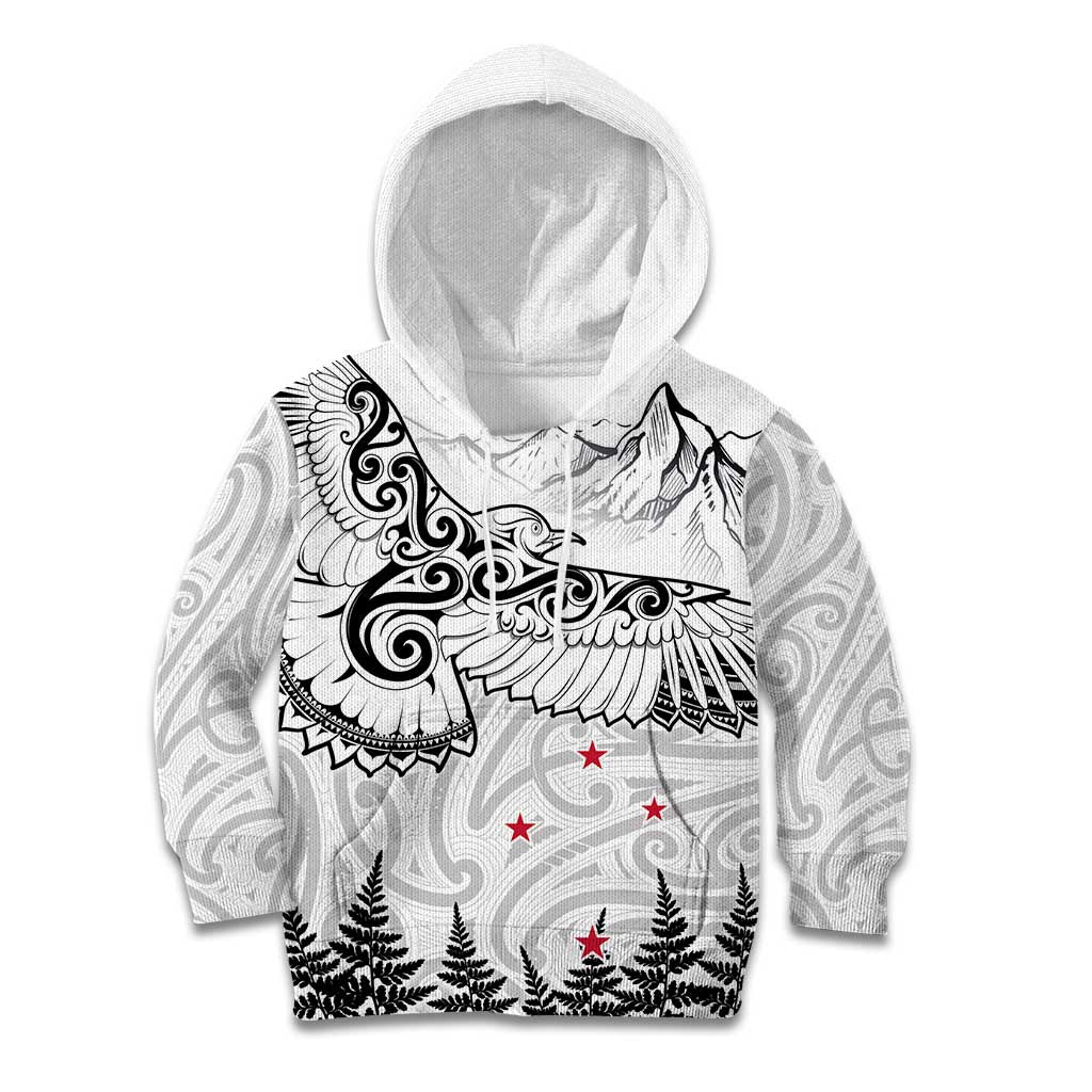 New Zealand Kea Bird Kid Hoodie Maori Tattoo and Silver Fern White Color