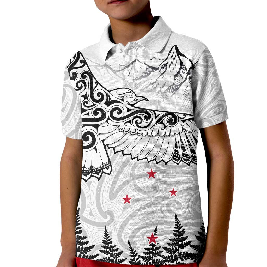 New Zealand Kea Bird Kid Polo Shirt Maori Tattoo and Silver Fern White Color