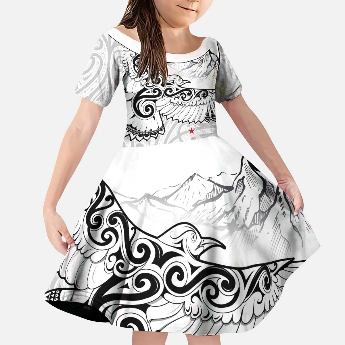 New Zealand Kea Bird Kid Short Sleeve Dress Maori Tattoo and Silver Fern White Color