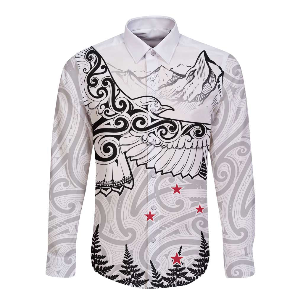 New Zealand Kea Bird Long Sleeve Button Shirt Maori Tattoo and Silver Fern White Color