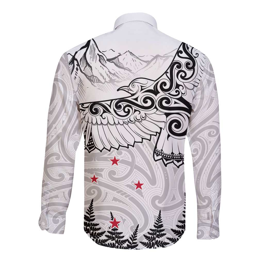 New Zealand Kea Bird Long Sleeve Button Shirt Maori Tattoo and Silver Fern White Color