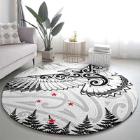 New Zealand Kea Bird Round Carpet Maori Tattoo and Silver Fern White Color