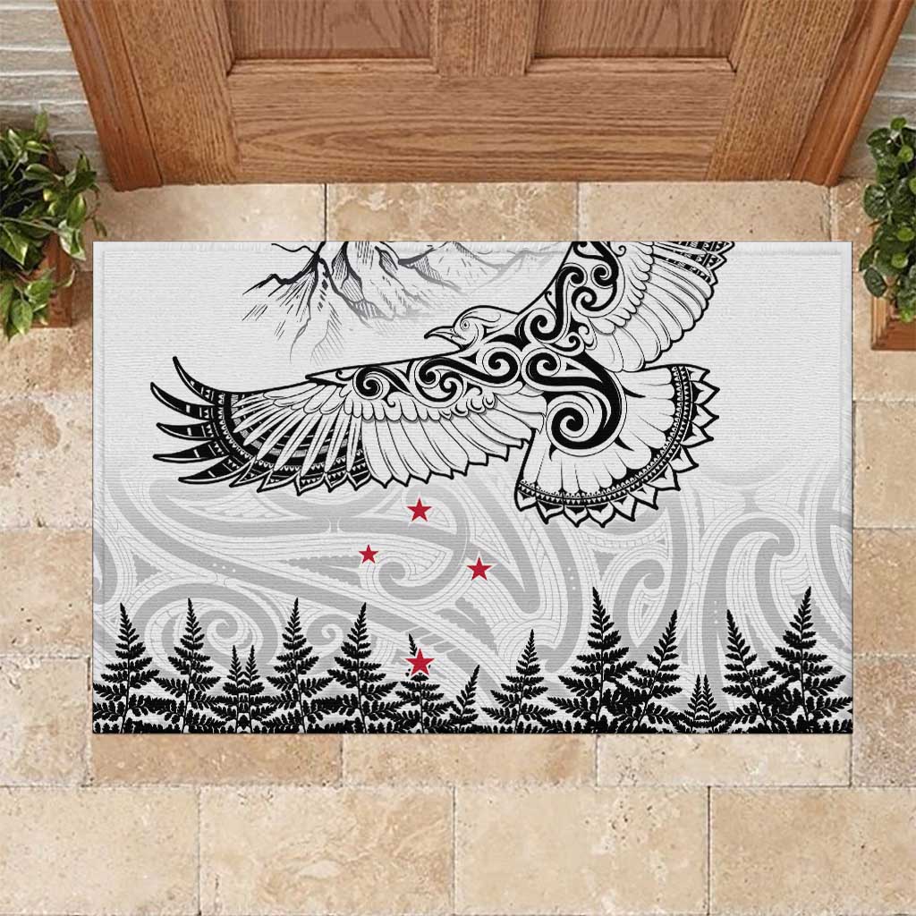 New Zealand Kea Bird Rubber Doormat Maori Tattoo and Silver Fern White Color