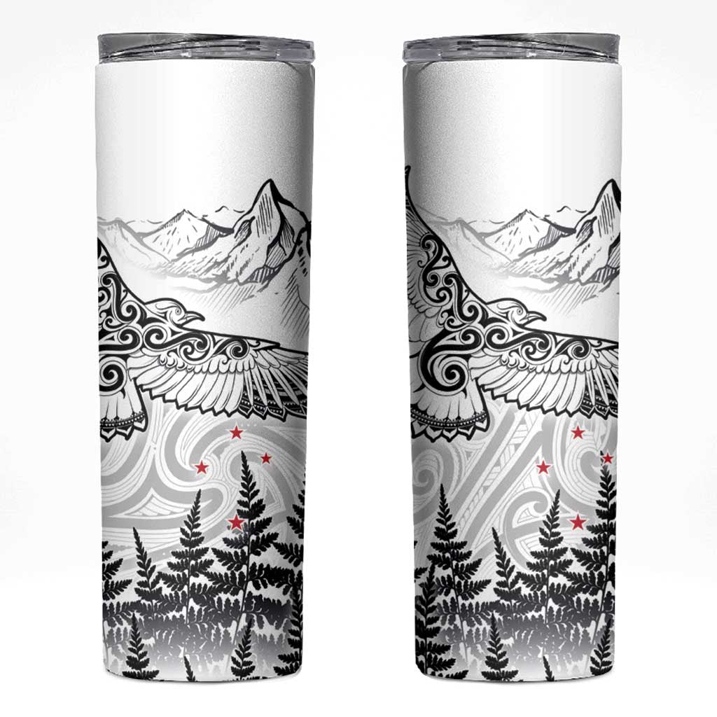 New Zealand Kea Bird Skinny Tumbler Maori Tattoo and Silver Fern White Color