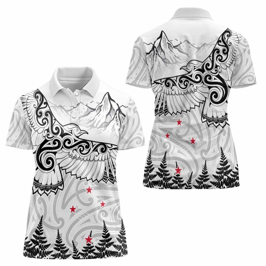 New Zealand Kea Bird Women Polo Shirt Maori Tattoo and Silver Fern White Color