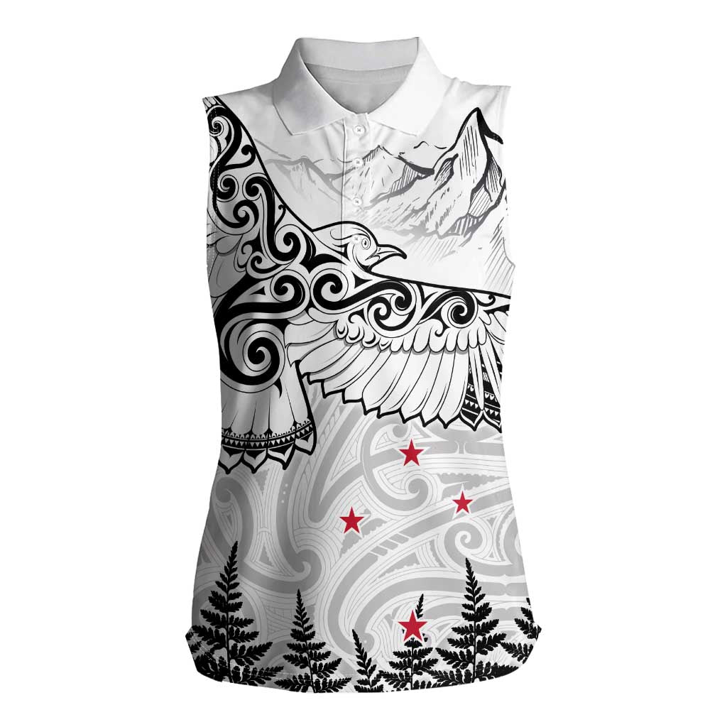 New Zealand Kea Bird Women Sleeveless Polo Shirt Maori Tattoo and Silver Fern White Color