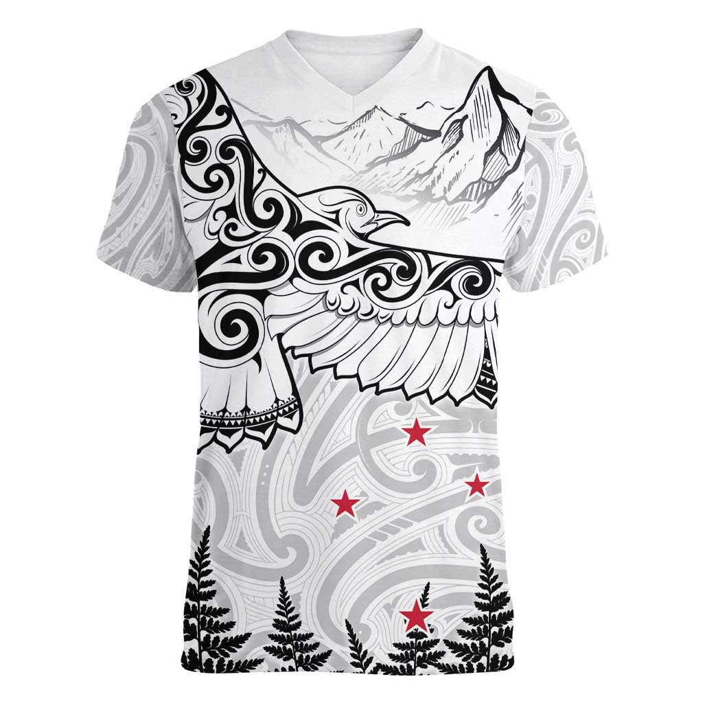 New Zealand Kea Bird Women V-Neck T-Shirt Maori Tattoo and Silver Fern White Color