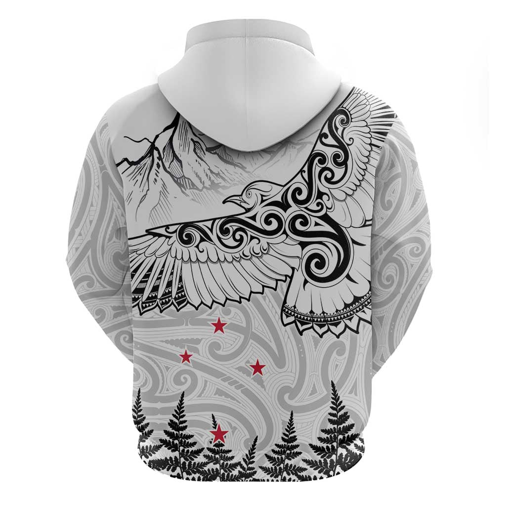 New Zealand Kea Bird Zip Hoodie Maori Tattoo and Silver Fern White Color