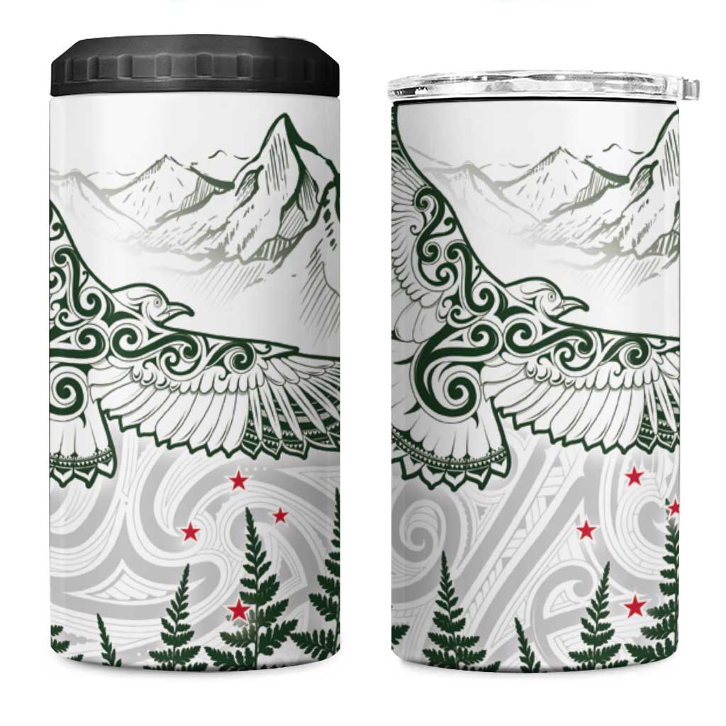 New Zealand Kea Bird 4 in 1 Can Cooler Tumbler Maori Tattoo and Silver Fern Green Color