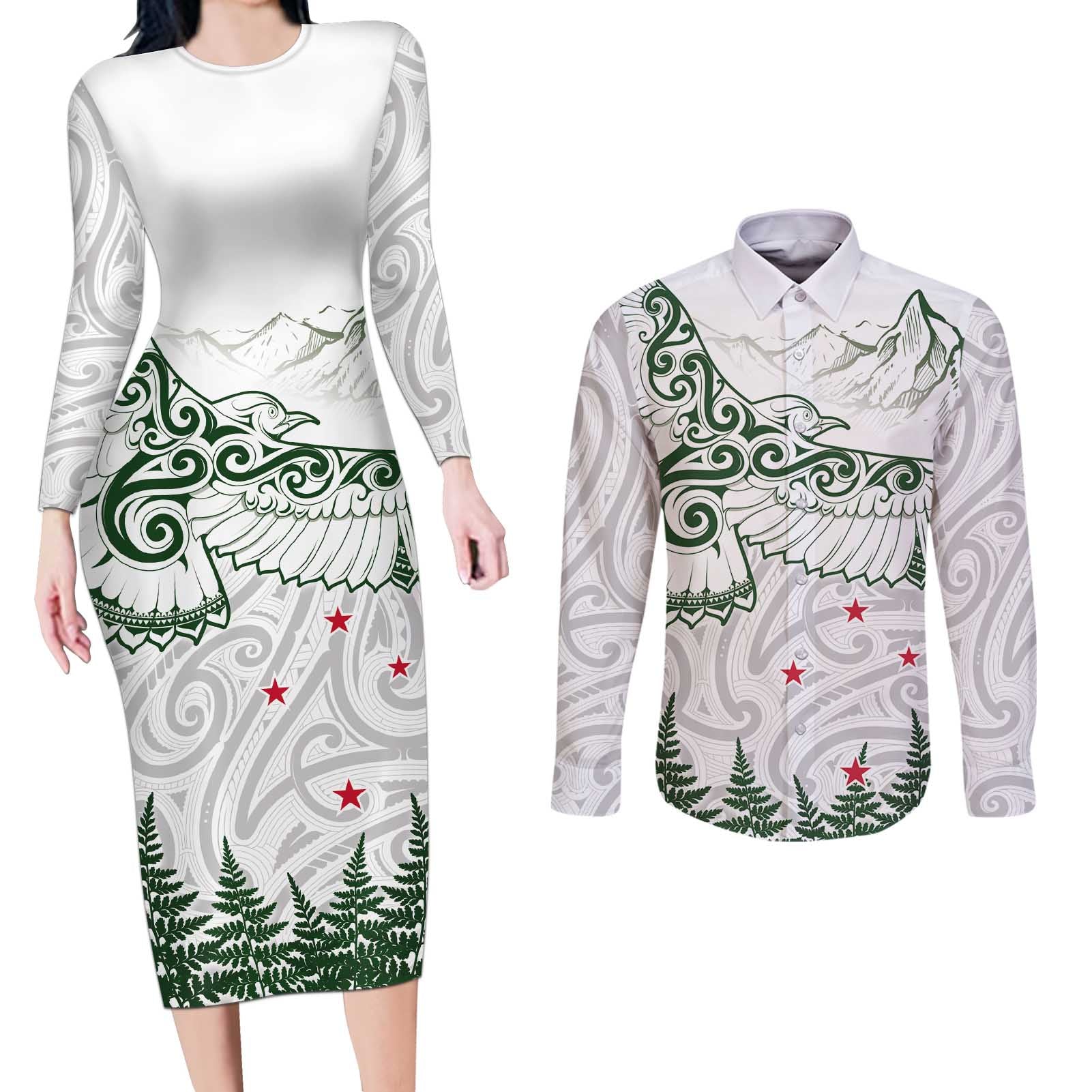 New Zealand Kea Bird Couples Matching Long Sleeve Bodycon Dress and Long Sleeve Button Shirt Maori Tattoo and Silver Fern Green Color