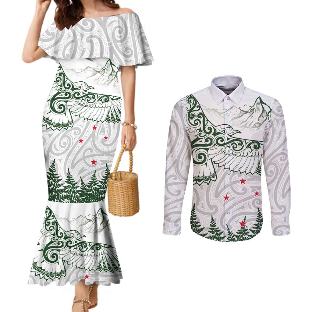 New Zealand Kea Bird Couples Matching Mermaid Dress and Long Sleeve Button Shirt Maori Tattoo and Silver Fern Green Color