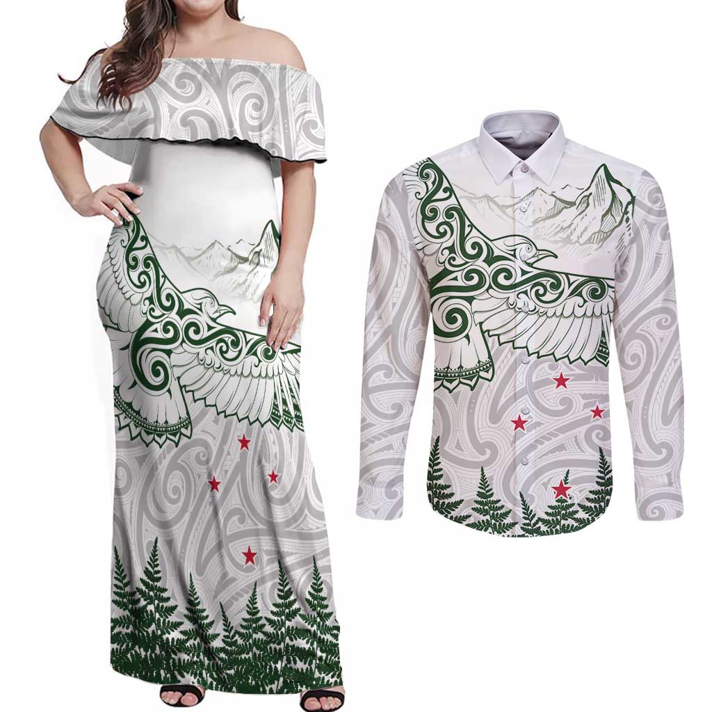 New Zealand Kea Bird Couples Matching Off Shoulder Maxi Dress and Long Sleeve Button Shirt Maori Tattoo and Silver Fern Green Color