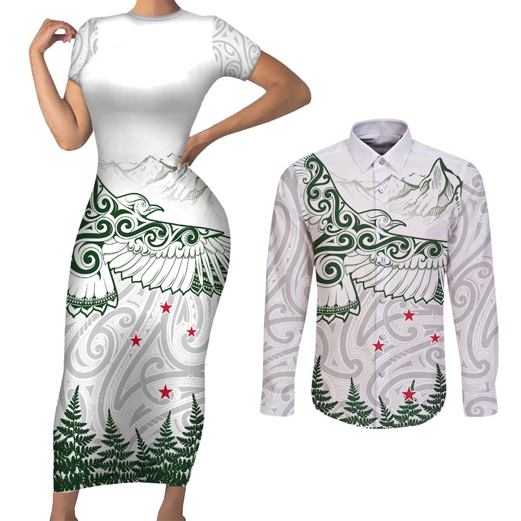 New Zealand Kea Bird Couples Matching Short Sleeve Bodycon Dress and Long Sleeve Button Shirt Maori Tattoo and Silver Fern Green Color