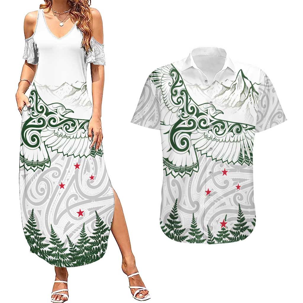 New Zealand Kea Bird Couples Matching Summer Maxi Dress and Hawaiian Shirt Maori Tattoo and Silver Fern Green Color