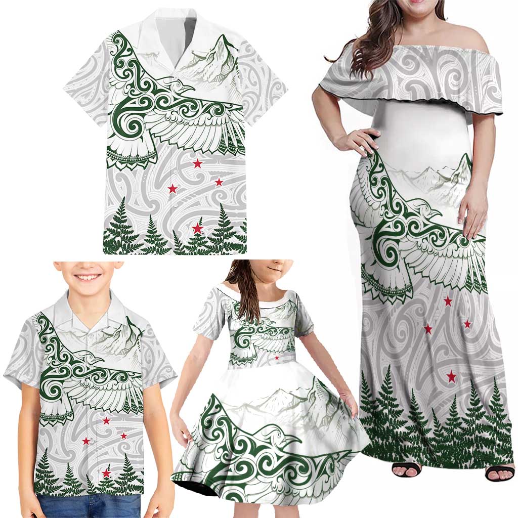 New Zealand Kea Bird Family Matching Off Shoulder Maxi Dress and Hawaiian Shirt Maori Tattoo and Silver Fern Green Color