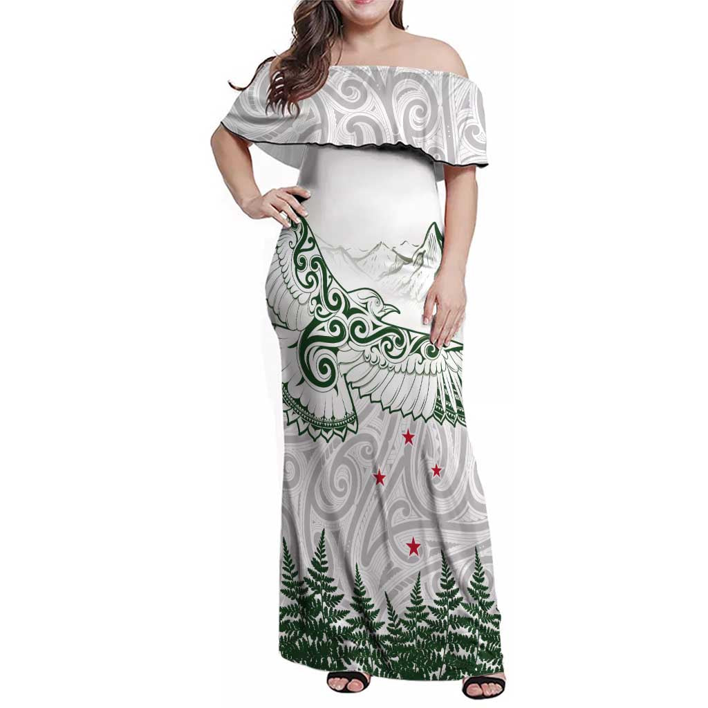 New Zealand Kea Bird Family Matching Off Shoulder Maxi Dress and Hawaiian Shirt Maori Tattoo and Silver Fern Green Color