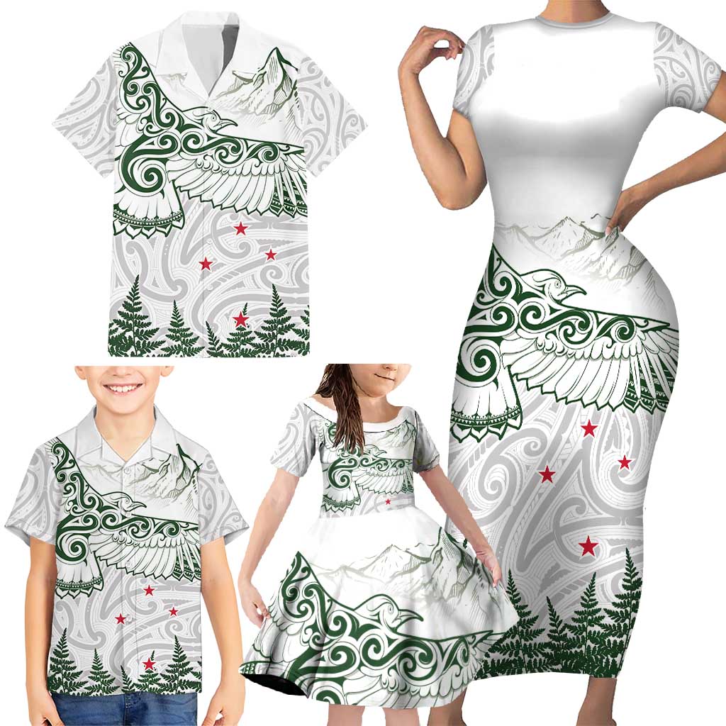 New Zealand Kea Bird Family Matching Short Sleeve Bodycon Dress and Hawaiian Shirt Maori Tattoo and Silver Fern Green Color