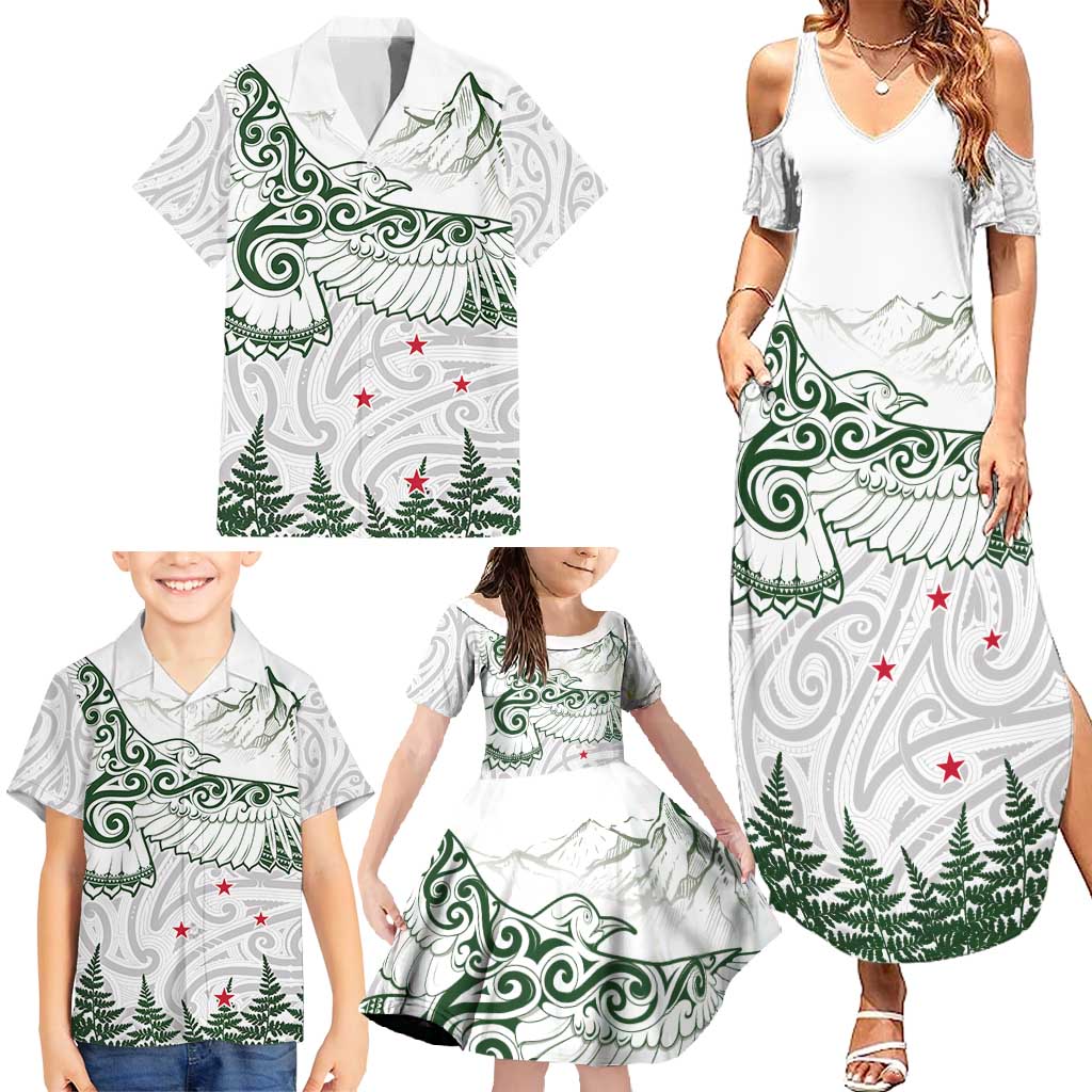 New Zealand Kea Bird Family Matching Summer Maxi Dress and Hawaiian Shirt Maori Tattoo and Silver Fern Green Color