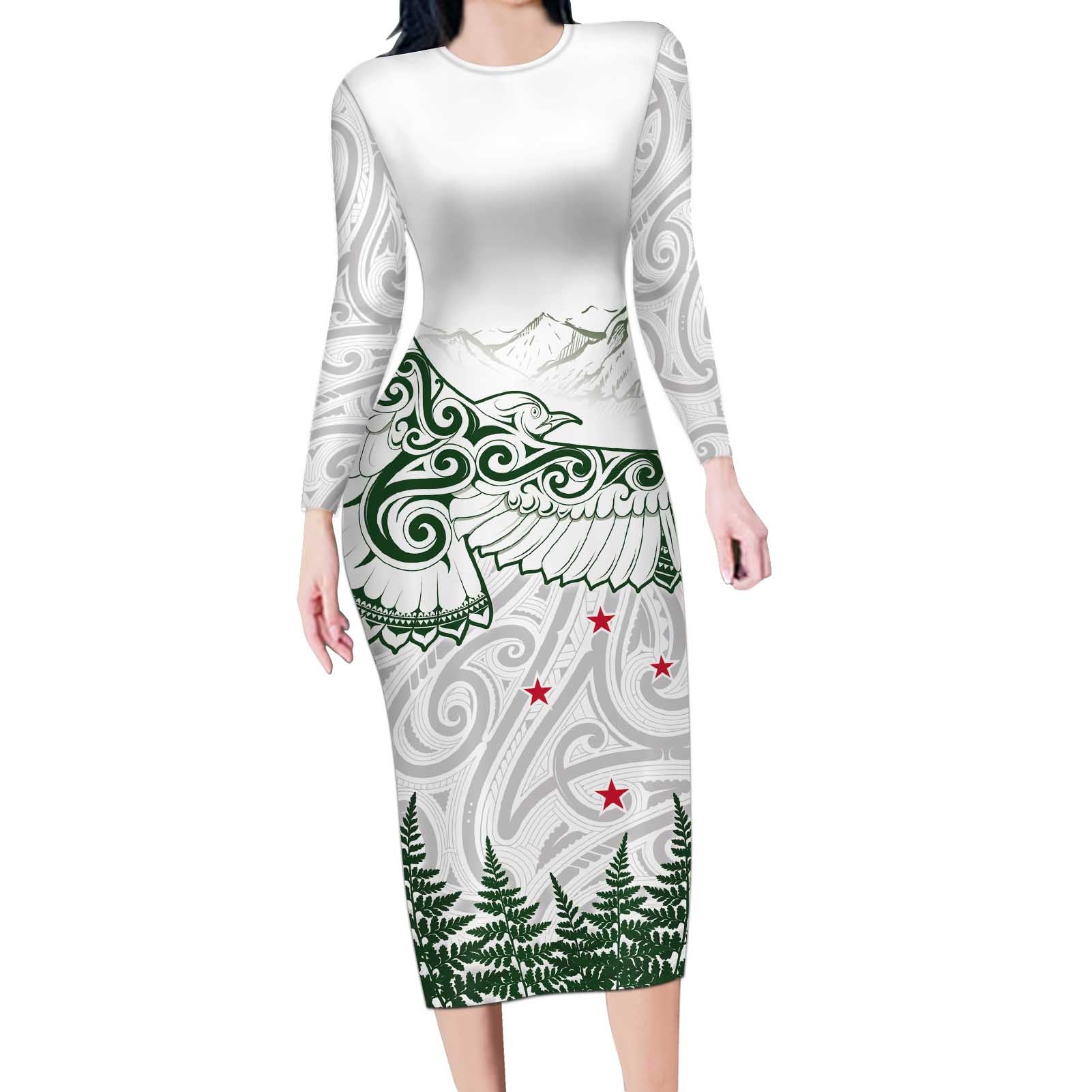 New Zealand Kea Bird Long Sleeve Bodycon Dress Maori Tattoo and Silver Fern Green Color