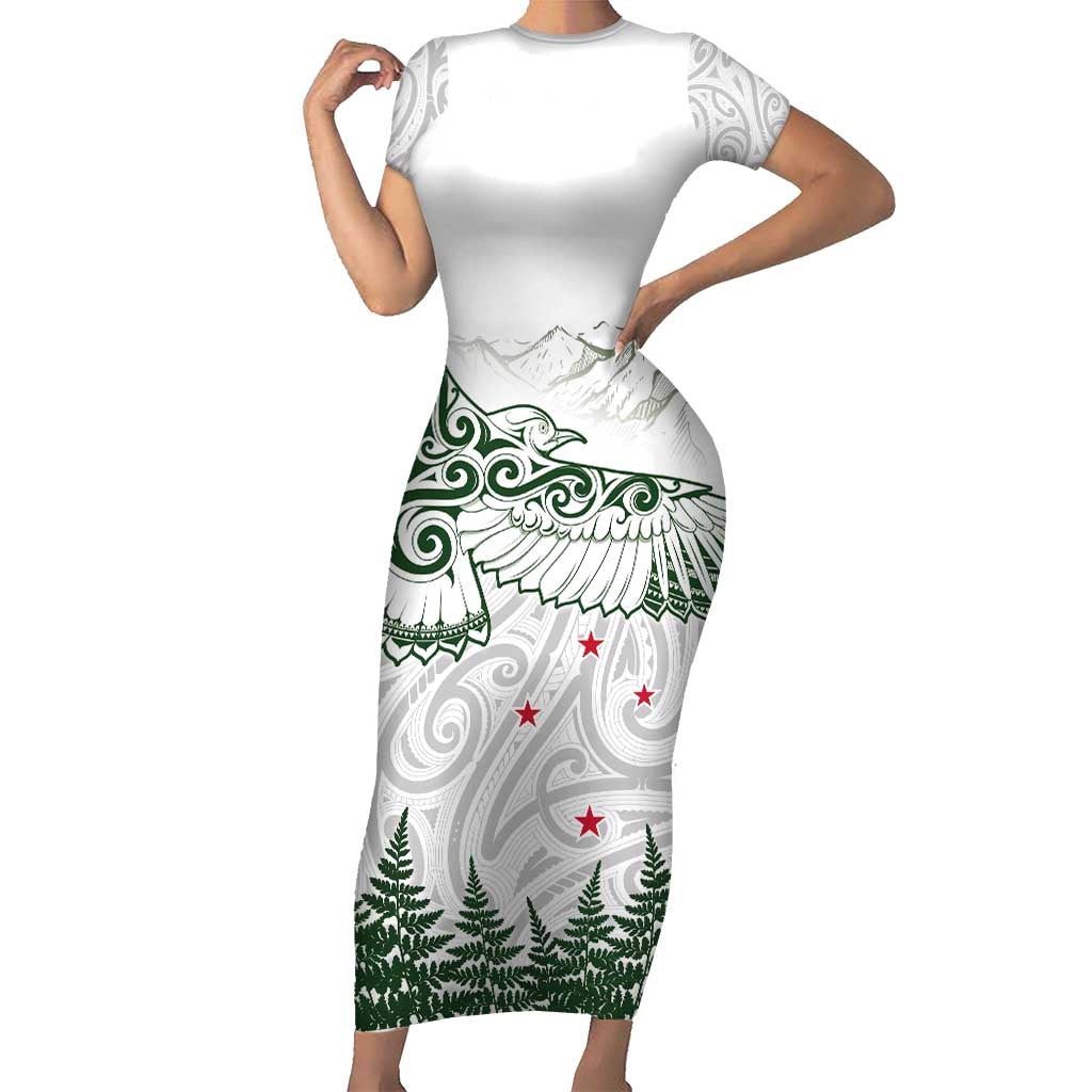 New Zealand Kea Bird Short Sleeve Bodycon Dress Maori Tattoo and Silver Fern Green Color