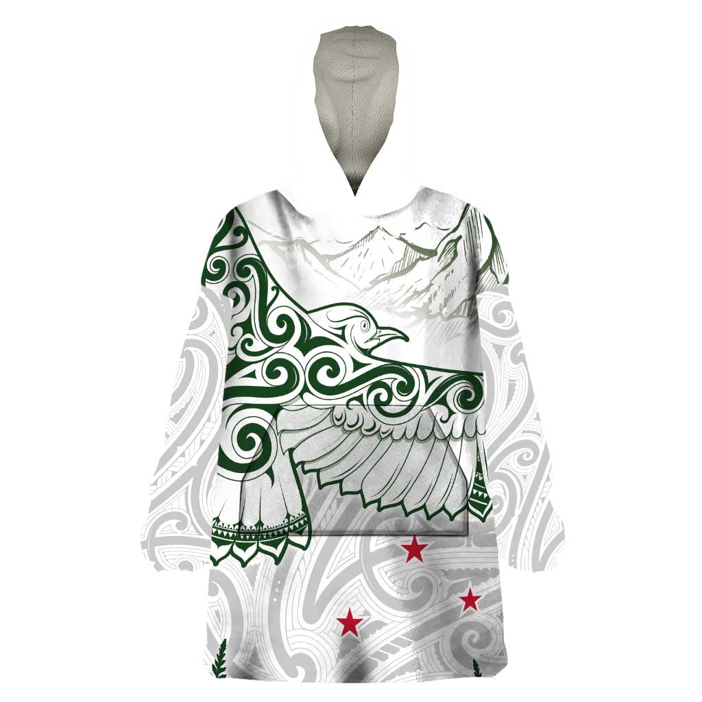 New Zealand Kea Bird Wearable Blanket Hoodie Maori Tattoo and Silver Fern Green Color