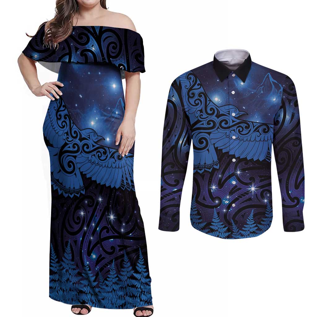 New Zealand Kea Bird Couples Matching Off Shoulder Maxi Dress and Long Sleeve Button Shirt Maori Tattoo and Silver Fern Matariki Style